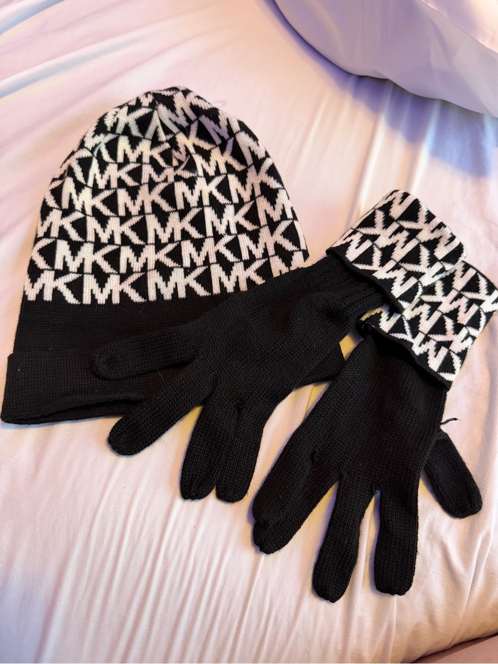 Michael Kors Black & White MK Logo Beanie and Gloves Set